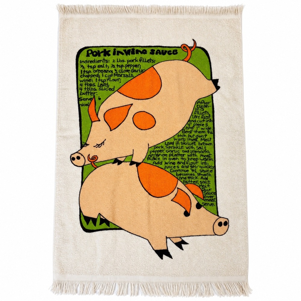 Vtg USA Made Pig Recipe Kitchen Towel Pork in Wine Sauce Fringed Retro Kitsch